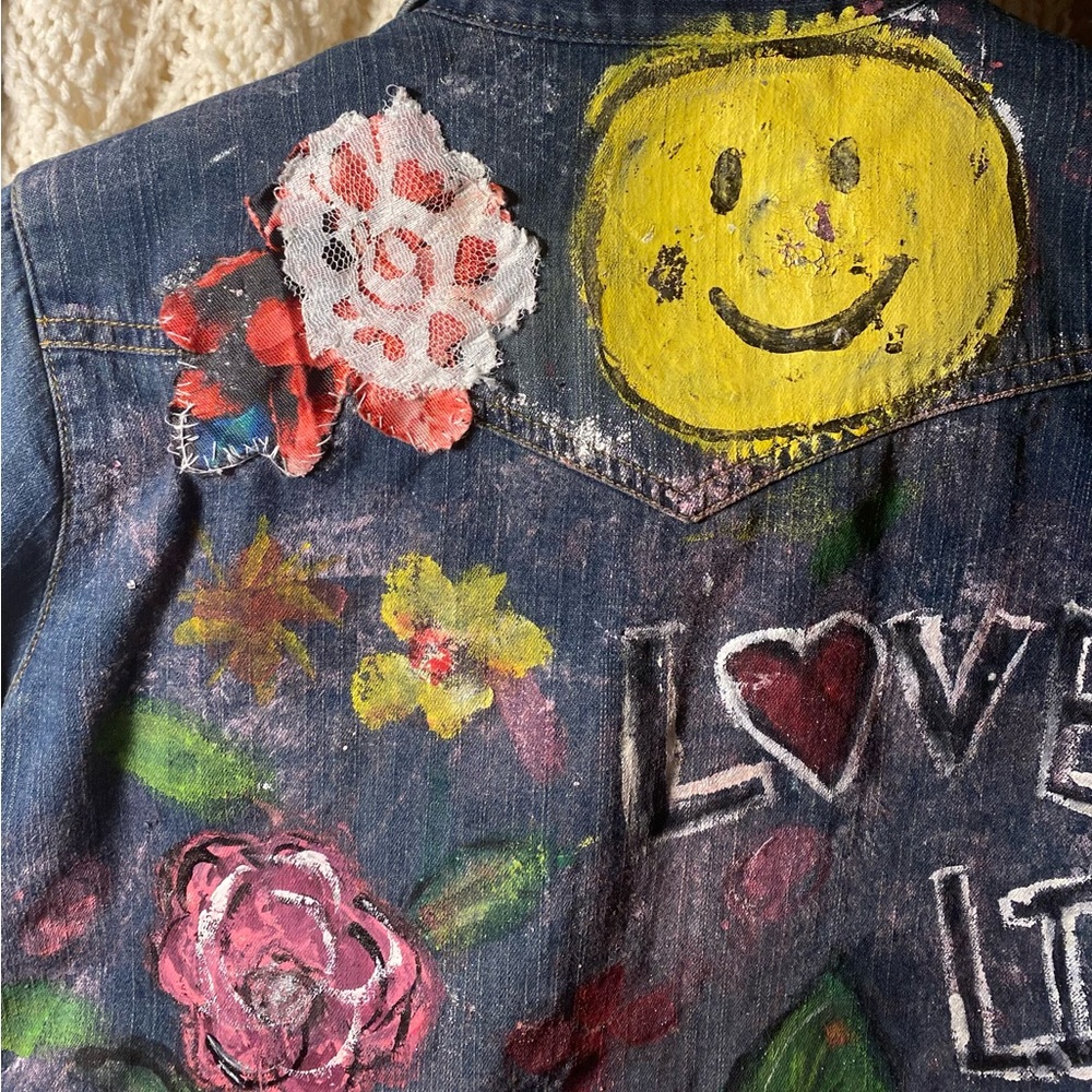 Girls extra small  Upcycled denim shirt.